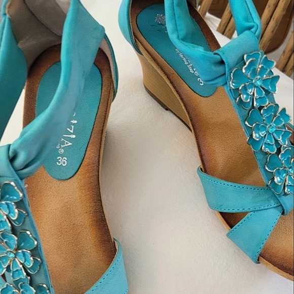 PATRIZIA HARLEQUIN WEDGE SANDAL Turquise Size 36/ 5.5-6 - Picture 3 of 6